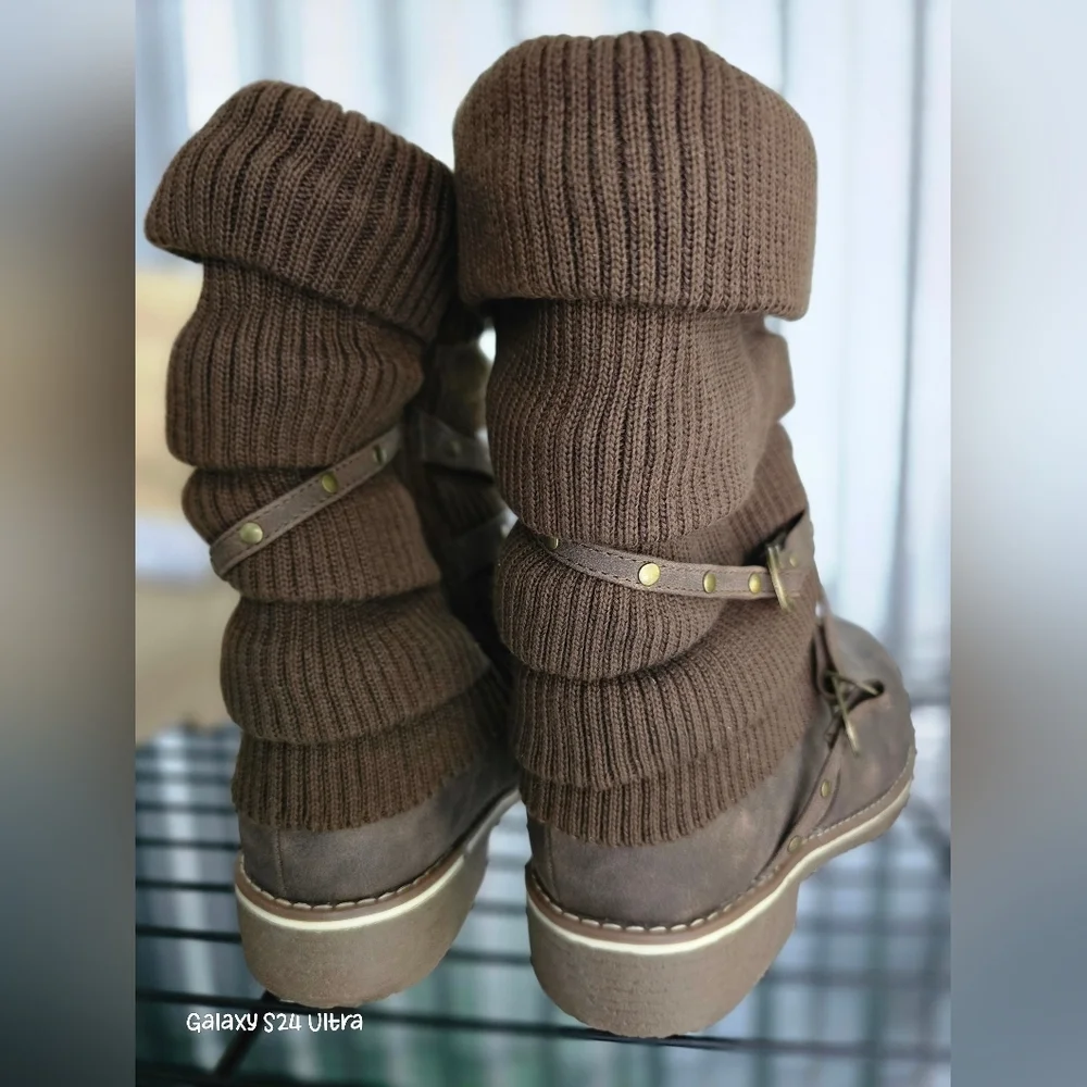 Brown Knit Cuff Boots with Buckle Detail BY: Justfab - Picture 3 of 6